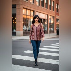 INTU Large Burgundy Print Long Sleeve Polyester Boho Style Tunic Casual Career